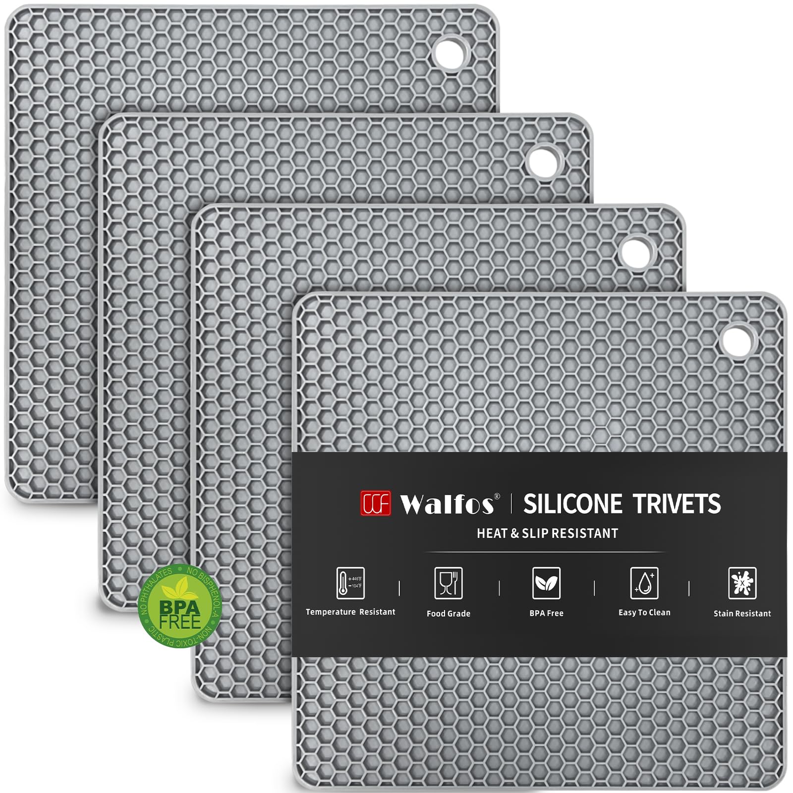 Walfos silicone trivet mats – square honeycomb design provides a secure grip for hot pots.