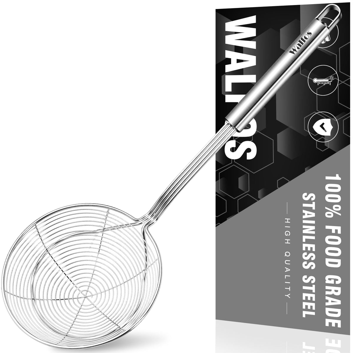 Walfos spider strainer with a 5.5-inch bowl ready for quick frying.