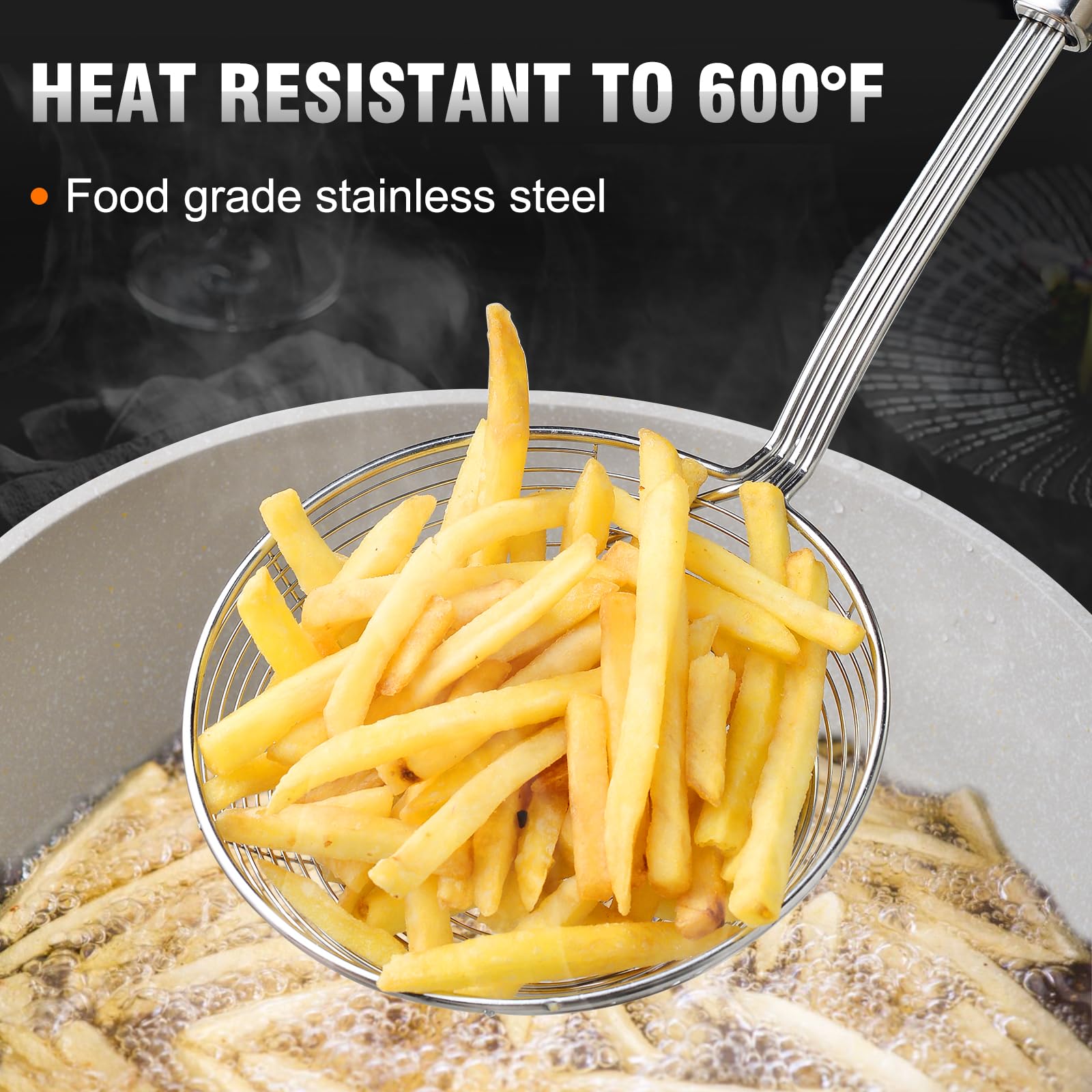 In-use view of Walfos spider strainer lifting crispy morsels from hot oil.