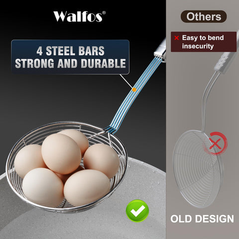 Walfos spider strainer long handle helps keep hands safe during high-heat cooking.