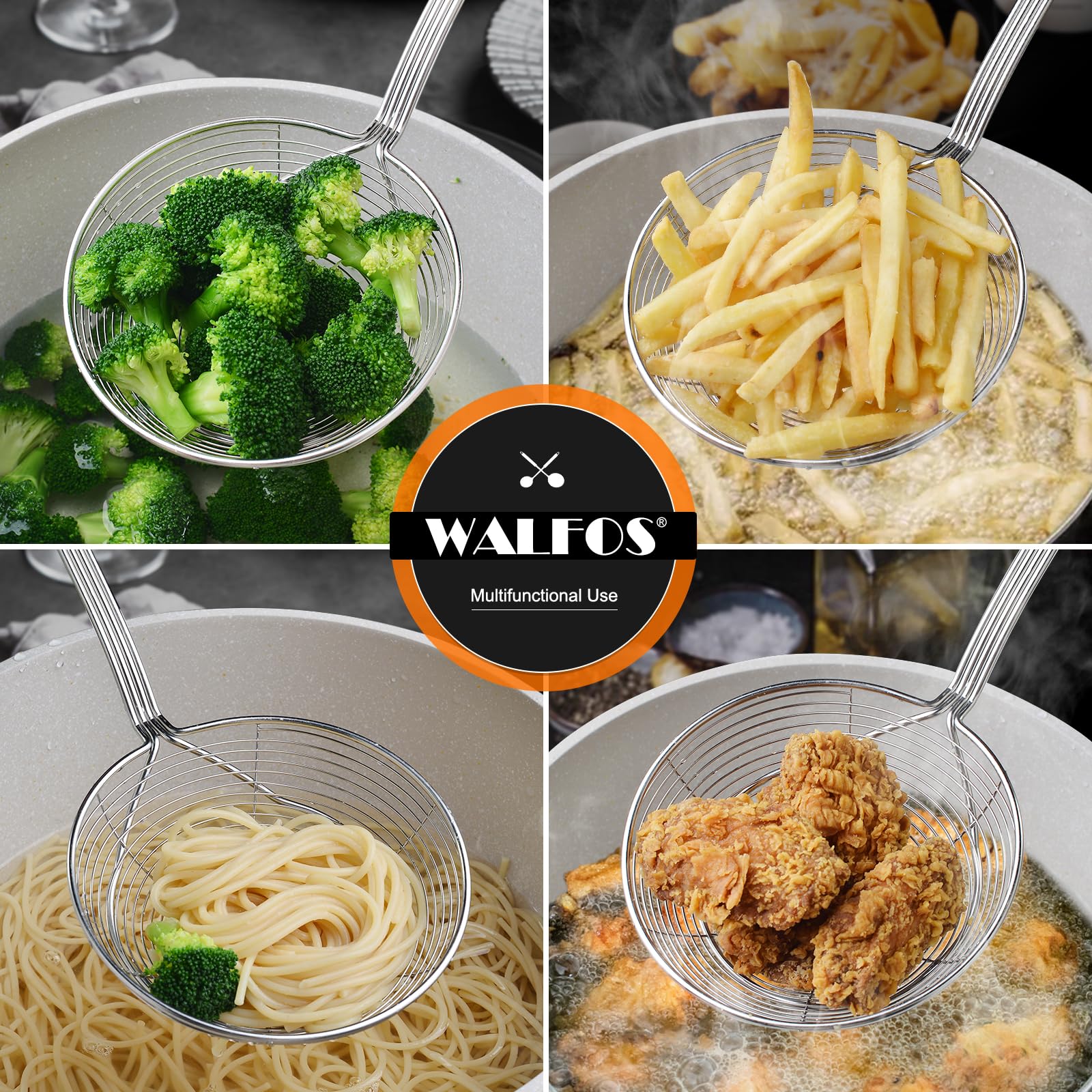 Walfos spider strainer ideal for draining pasta, vegetables, and delicate bites.