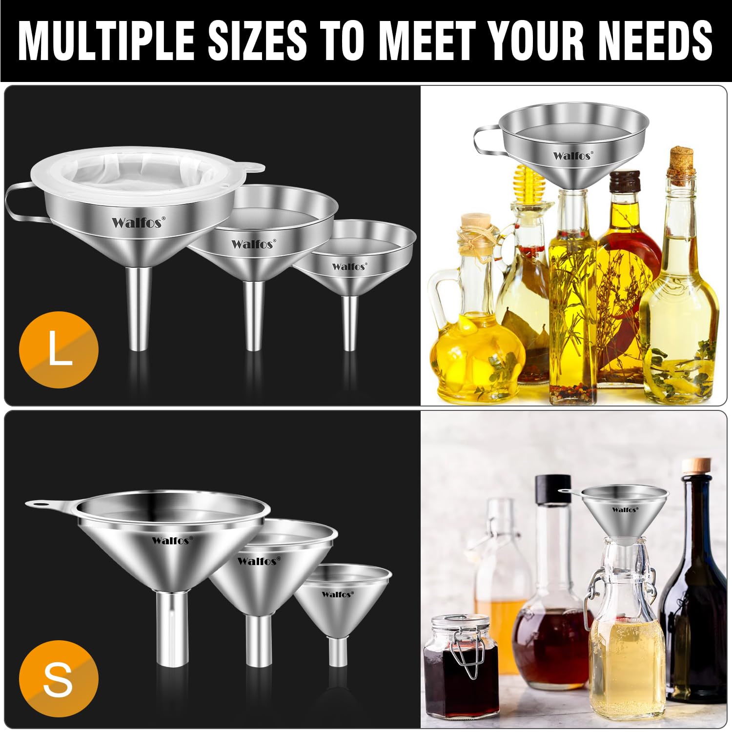 Walfos funnel set with 2 removable strainers to prevent clogs during pours.