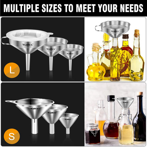 Walfos funnel set with 2 removable strainers to prevent clogs during pours.