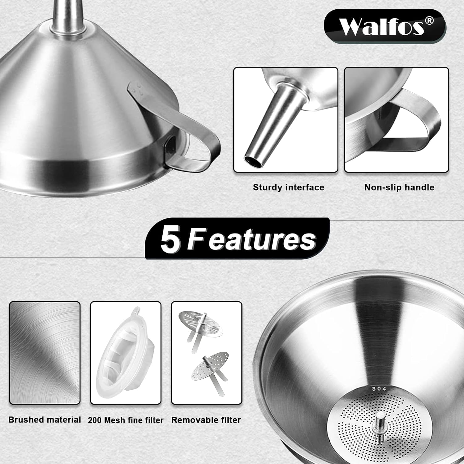 Walfos funnel stackable design saves kitchen storage space.