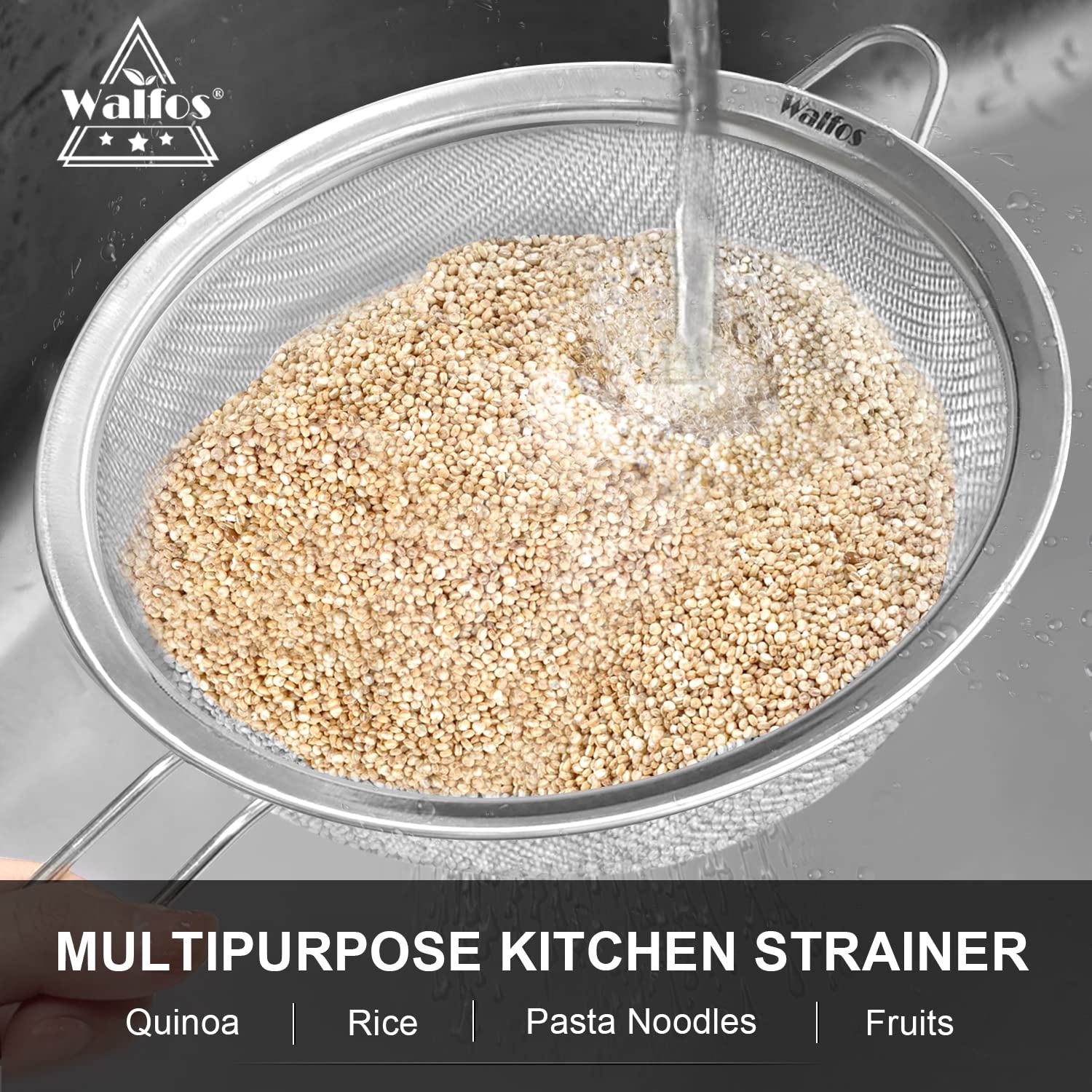 Walfos strainers hanging storage example for tidy kitchen.