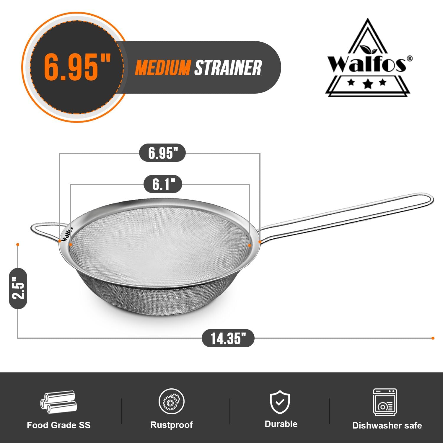 Walfos stainless steel strainer with long handle for safe pasta retrieval