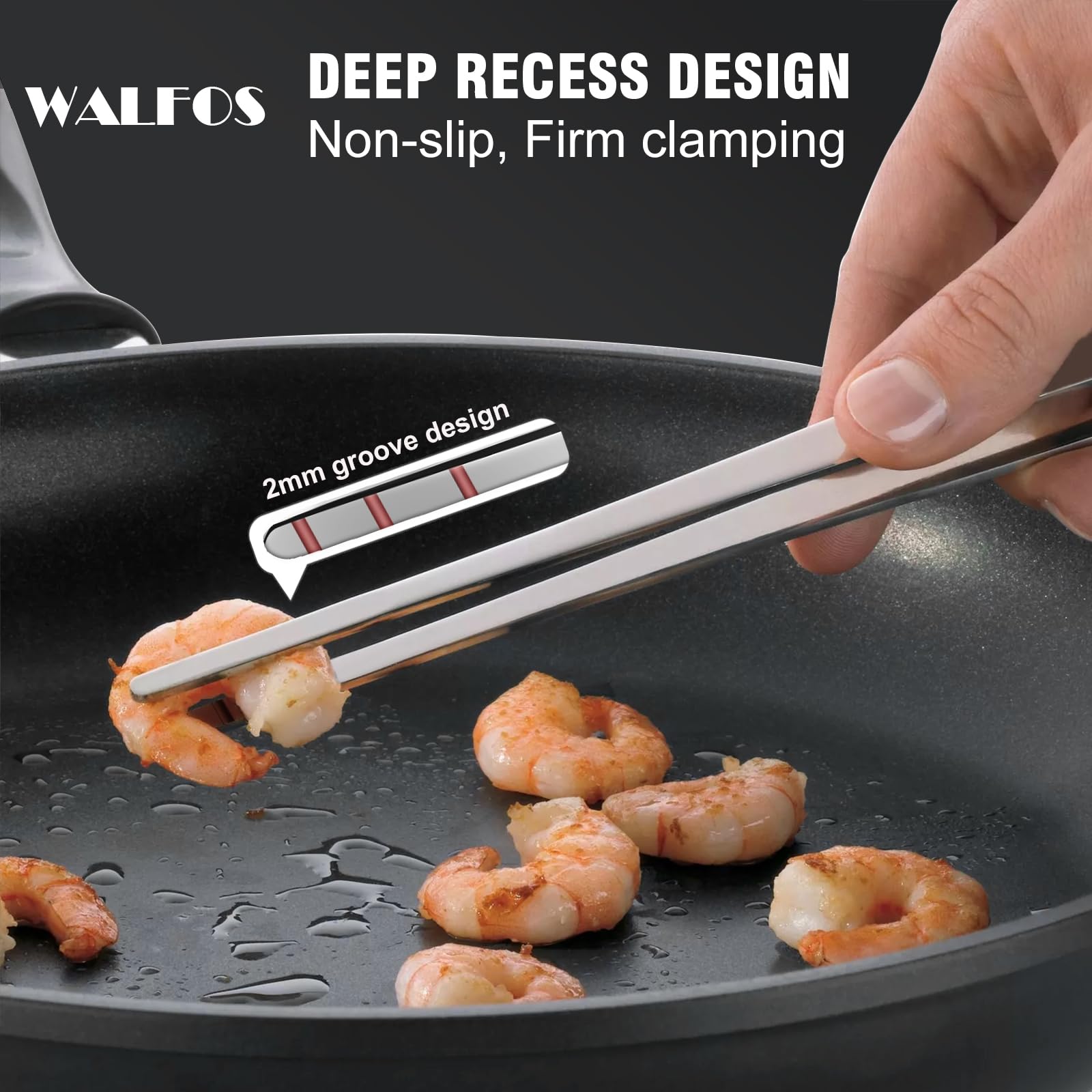 Walfos stainless steel tongs with non-slip serrated handle.