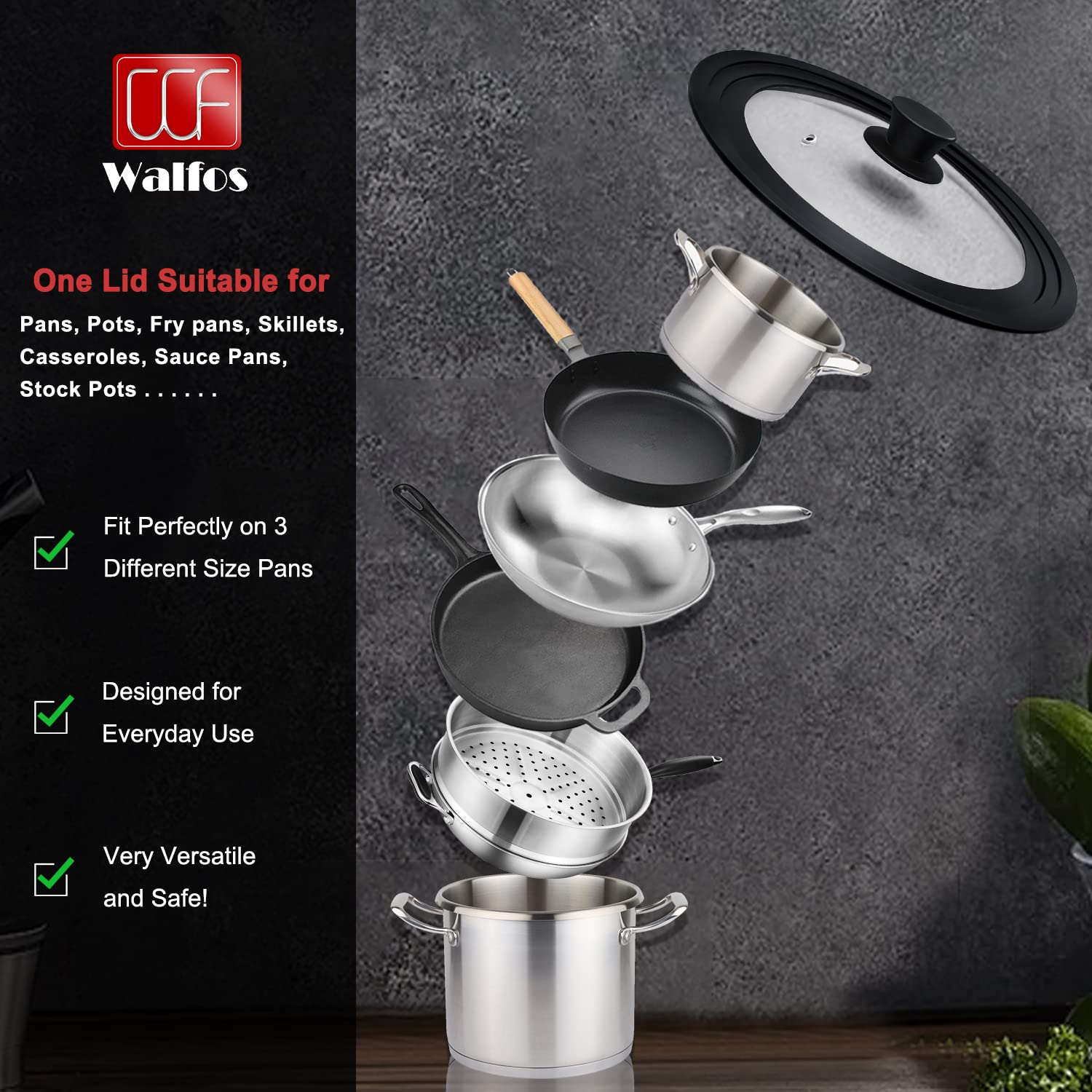 Walfos universal lid 11-inch glass panel for versatile pot coverage.