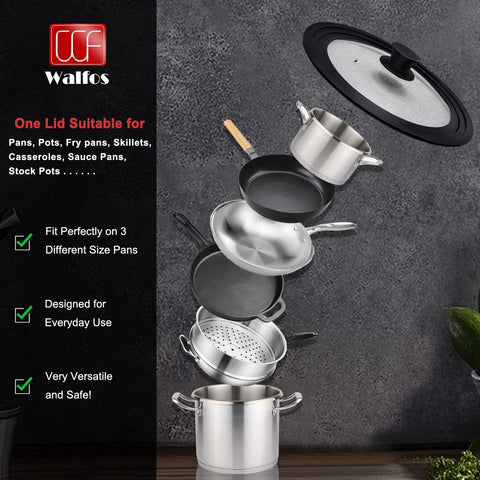 Walfos universal lid 11-inch glass panel for versatile pot coverage.