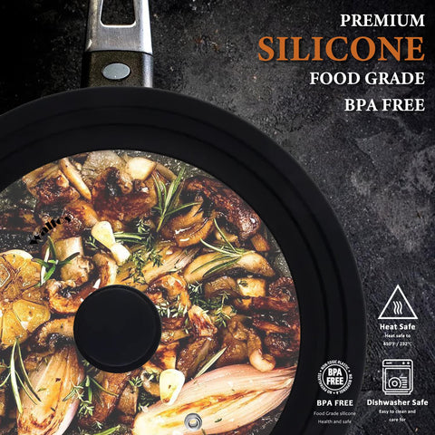 Walfos universal lid silicone edge resists heat and seals steam.