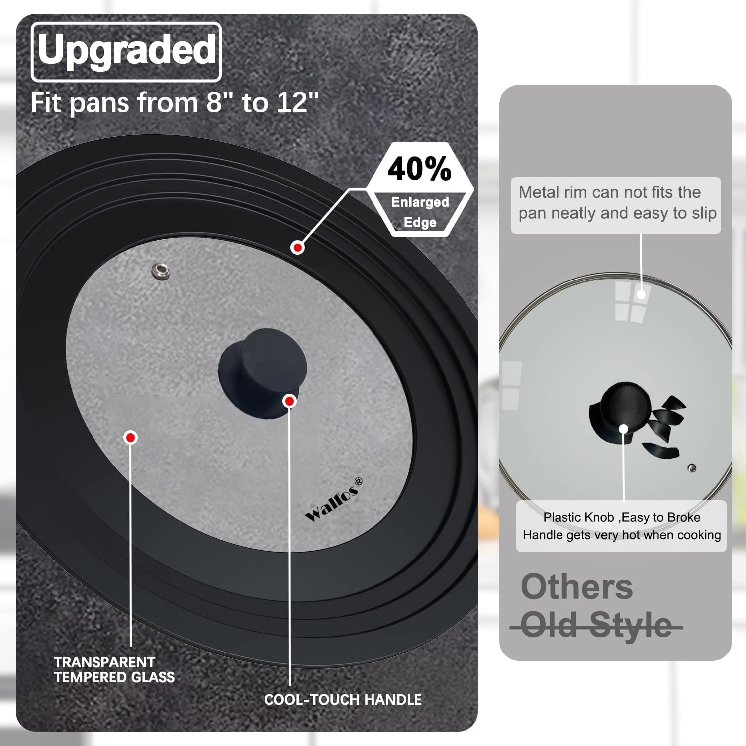 Walfos lid with enlarged heat resistant silicone rim provides a snug seal