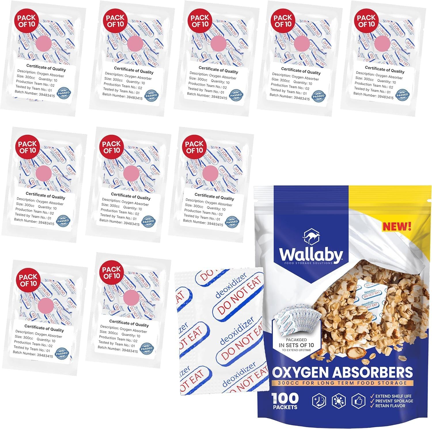 Wallaby 300cc oxygen absorber indicator 10-pack signals freshness through color change