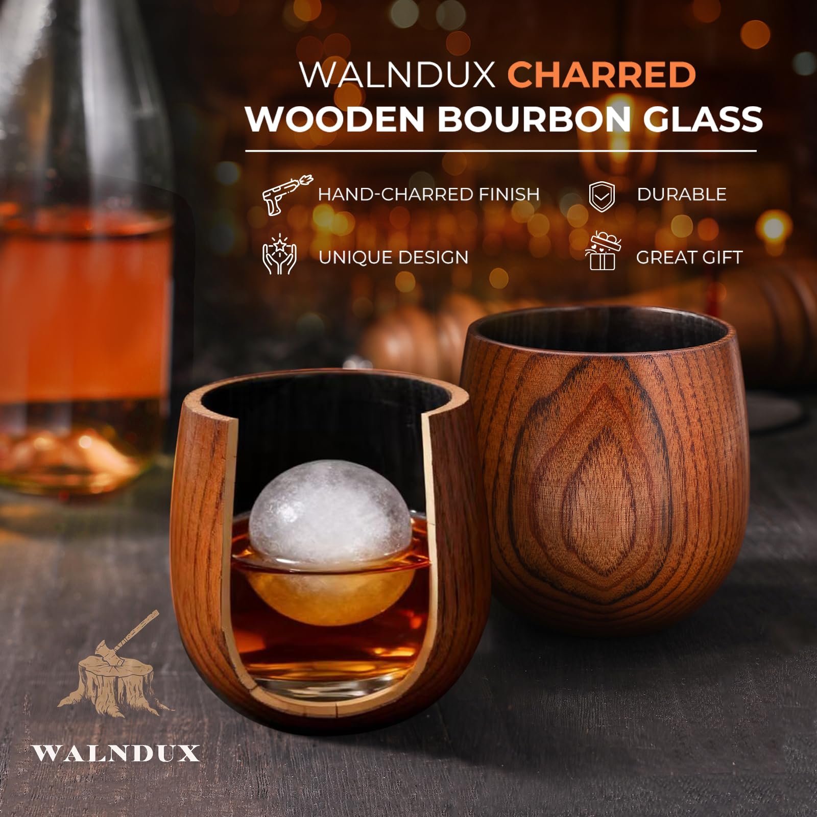 WALNDUX wooden old-fashioned glasses pair for stylish home bar display