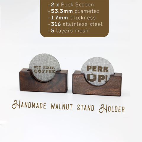 Walnut Coffee handmade walnut stand keeps puck screen within reach