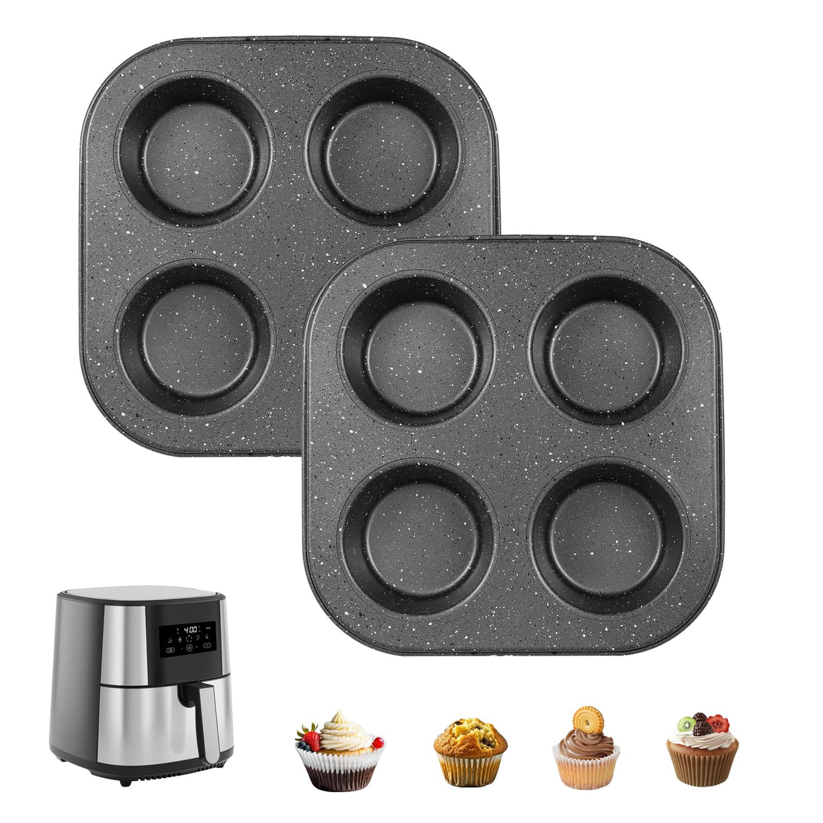Walooza 4-cup muffin pan 2-pack front view shows durable carbon steel for even baking.