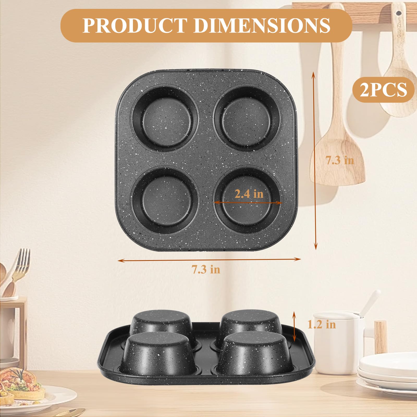 Walooza 4-cup muffin pan 2-pack side view highlights reinforced nonstick for easy release.