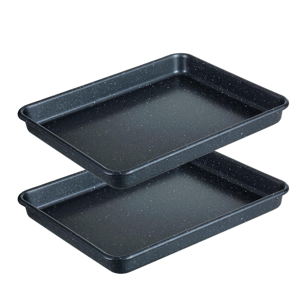 Walooza baking sheets 11x9 set-2 closeup highlighting sturdy carbon steel and rust-resistant finish.
