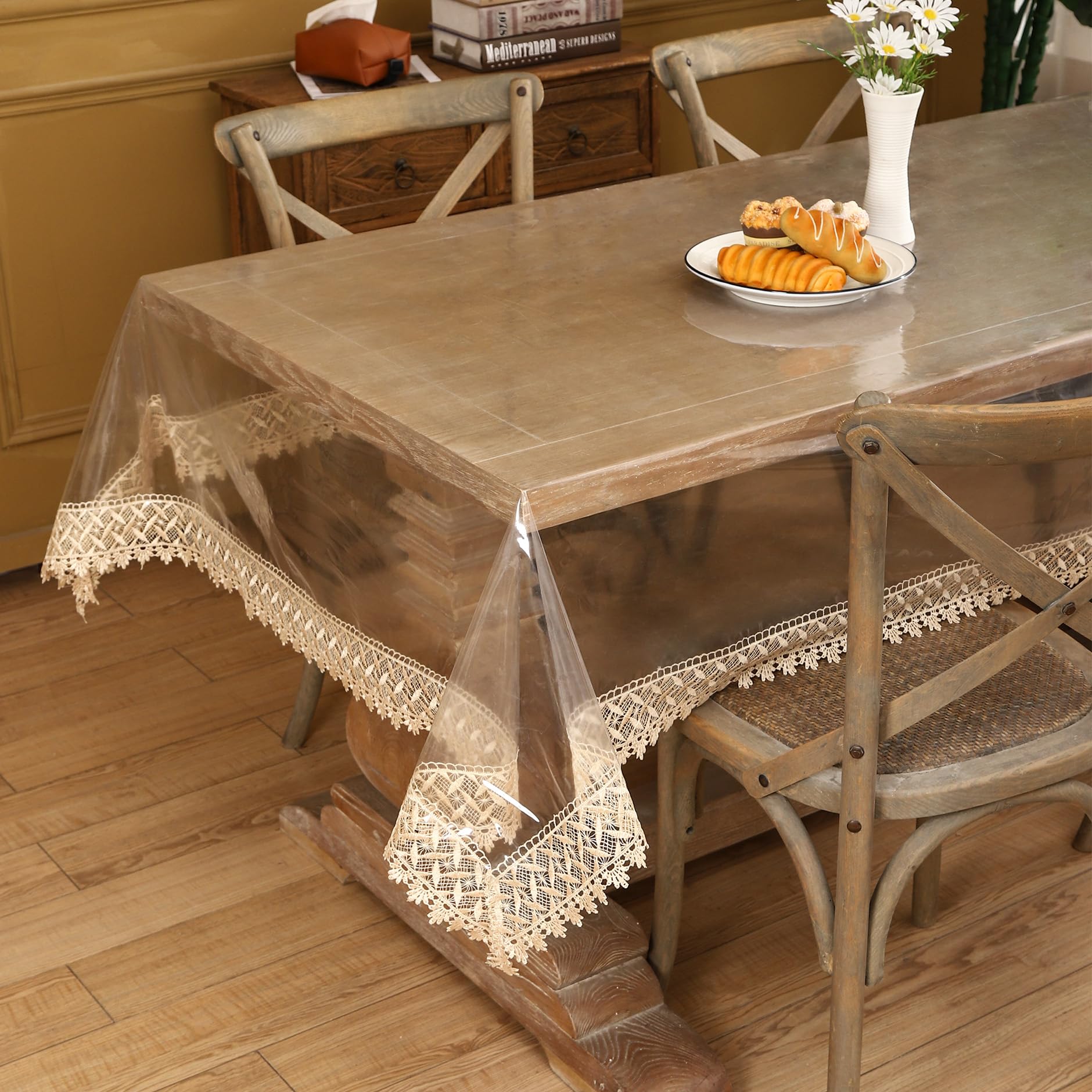 Walrus clear vinyl tablecloth on a 102x54 inch table preserving surface texture