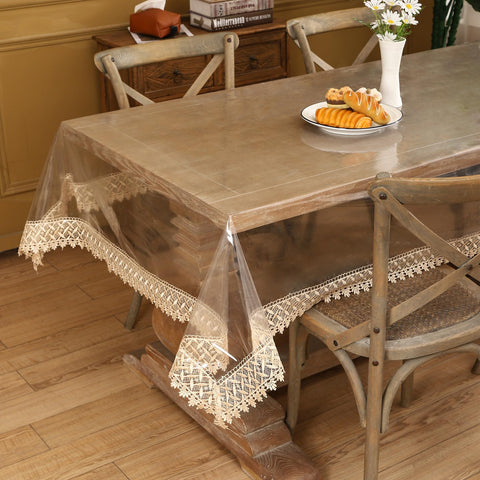 Walrus clear vinyl tablecloth on a 102x54 inch table preserving surface texture