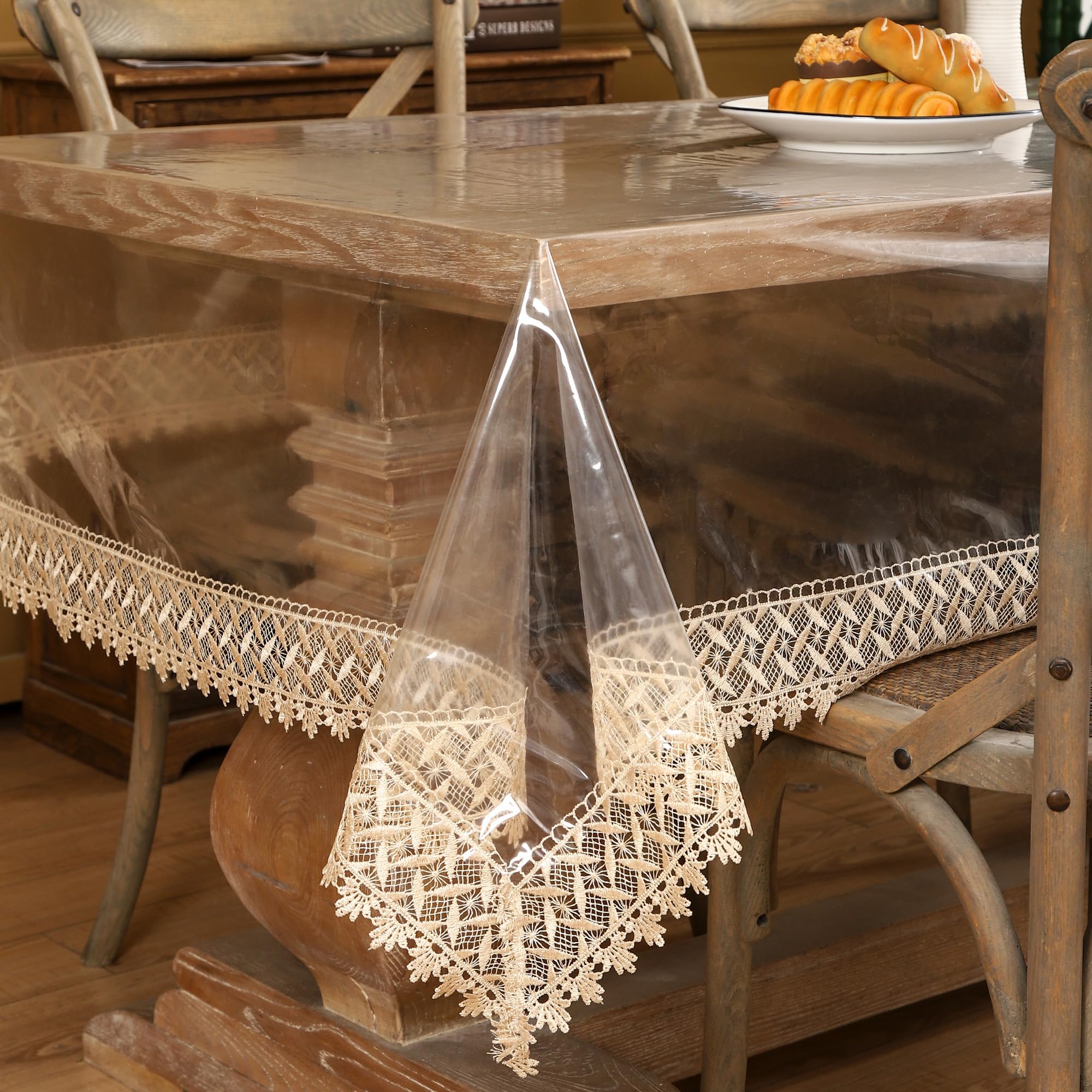 Walrus clear vinyl tablecloth covering a 54x54 inch table for spill protection