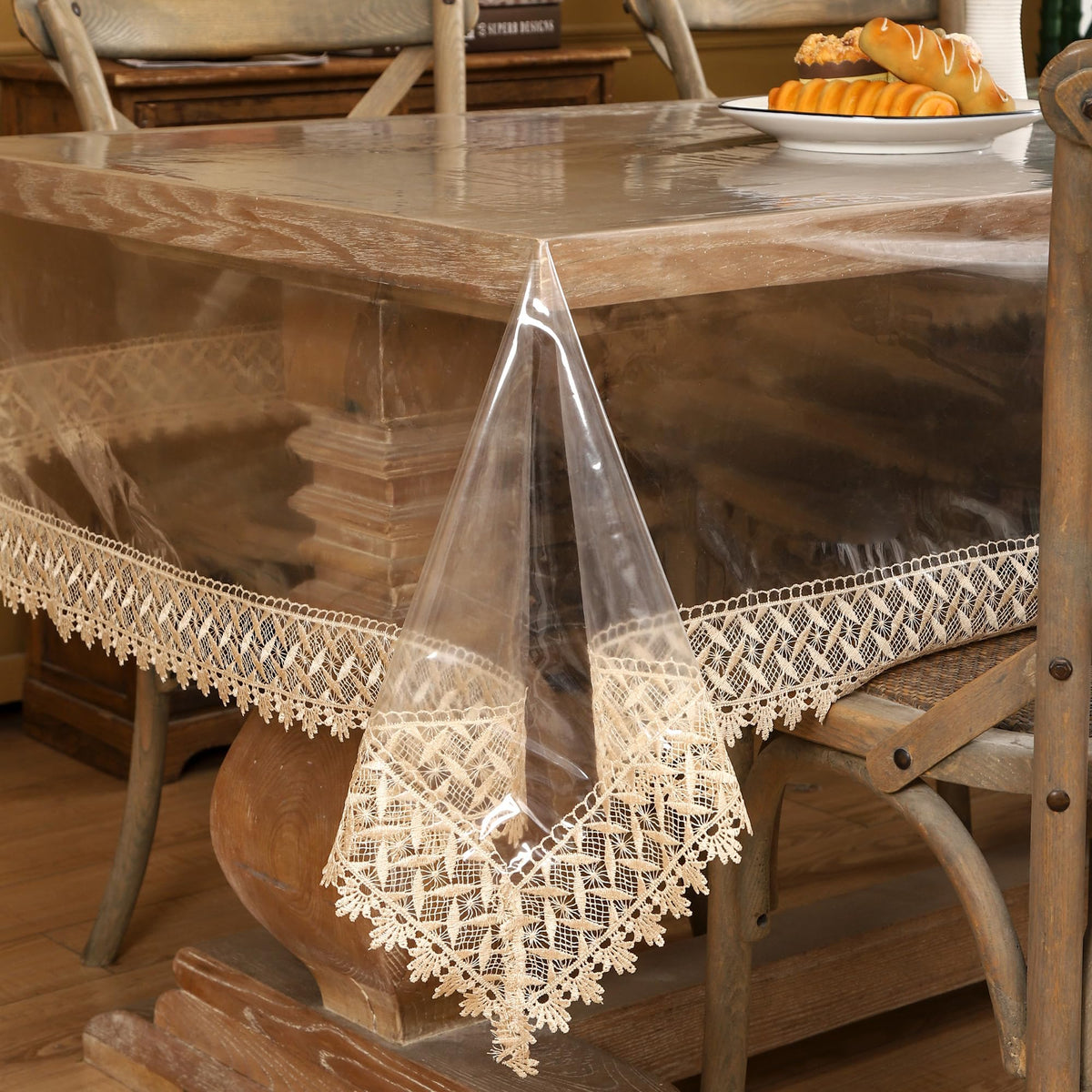 Walrus clear vinyl tablecloth covering a 54x54 inch table for spill protection
