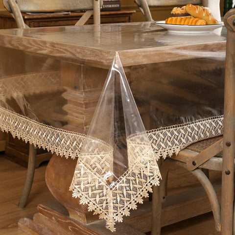 Walrus clear vinyl tablecloth covering a 54x54 inch table for spill protection