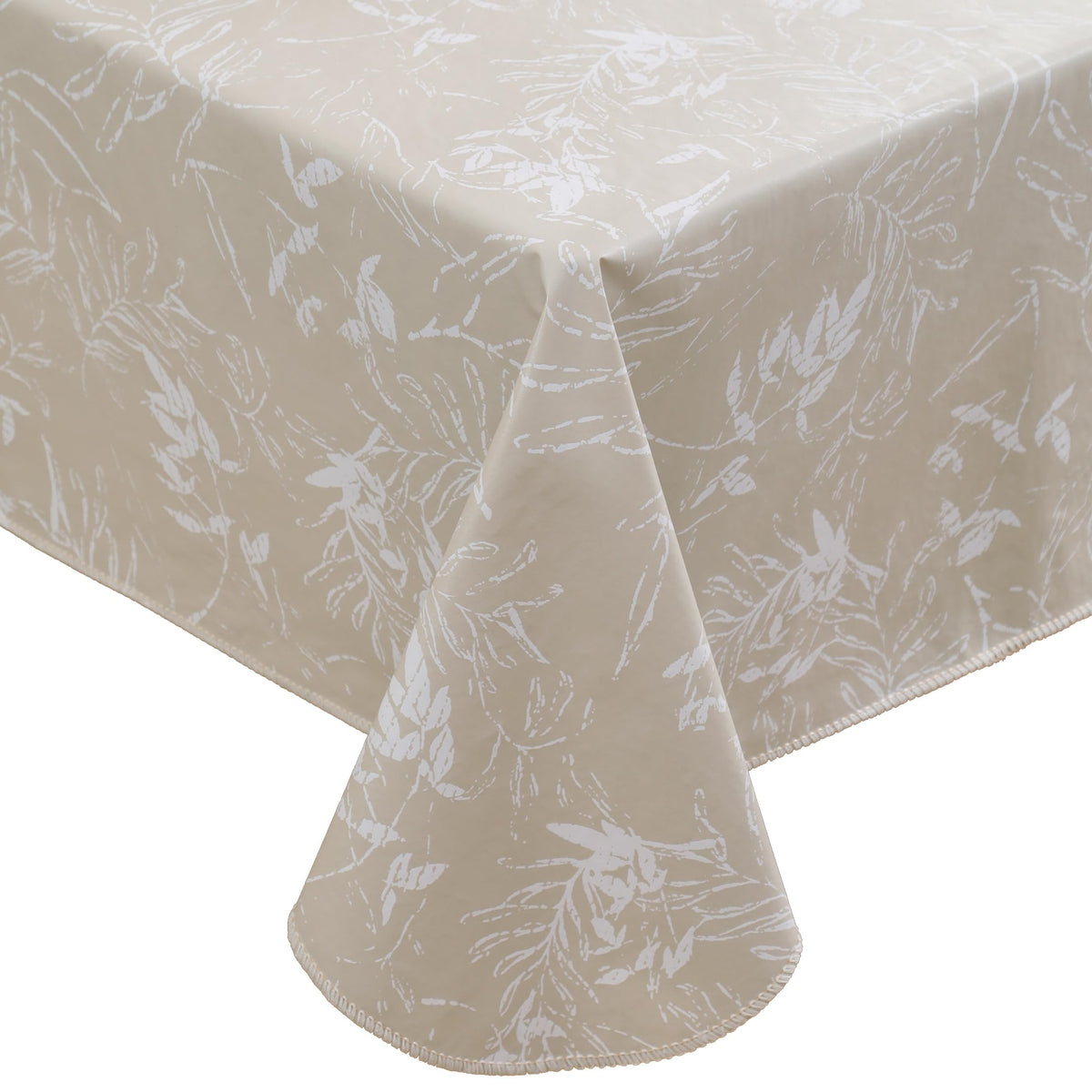 Walrus heavy-duty vinyl tablecloth in beige leaf pattern protects a 60x84 inch table from spills.