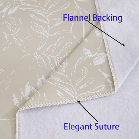 Flannel backing provides soft touch and tabletop protection.