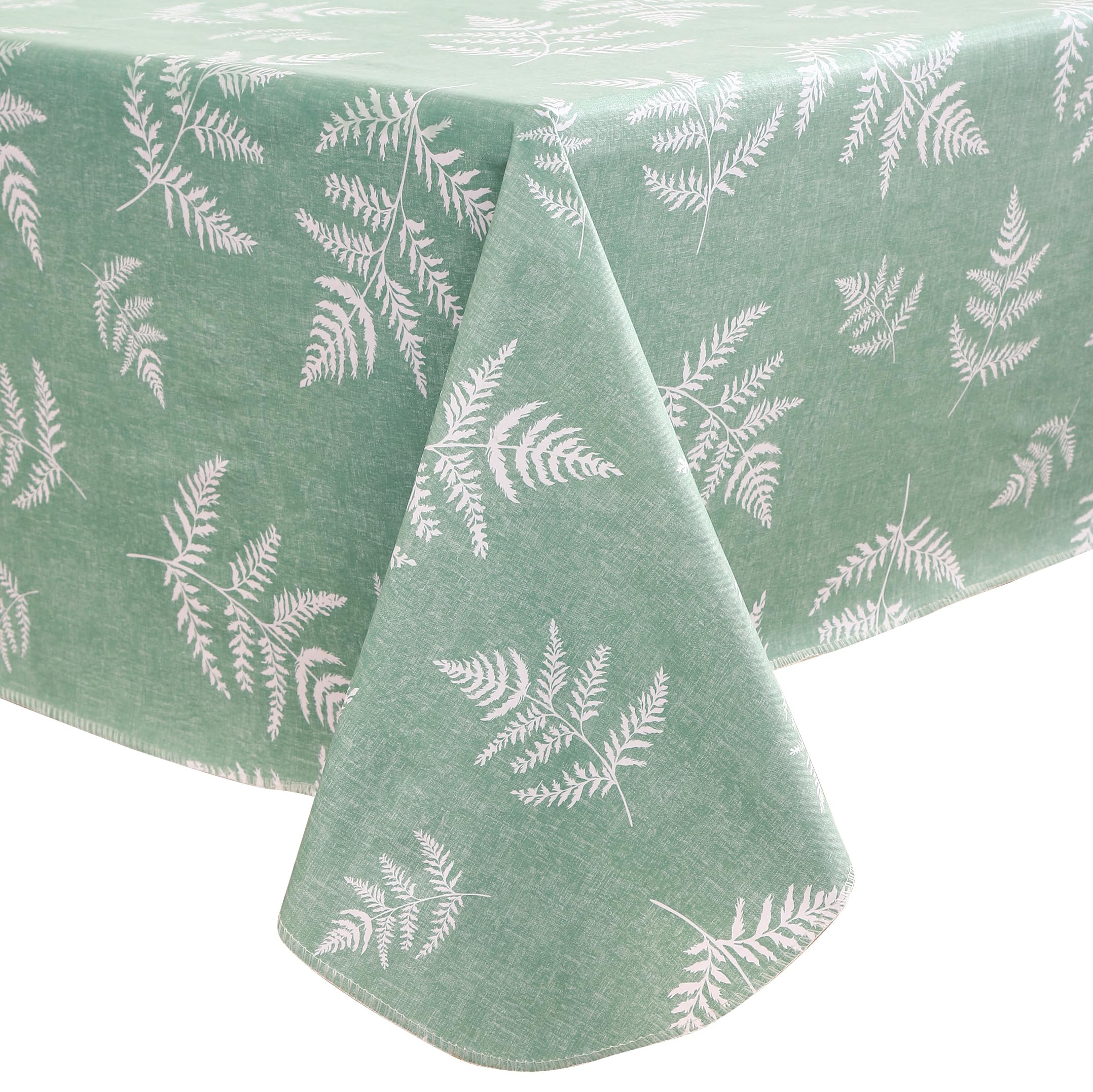Walrus mint leaf vinyl tablecloth on a dining table protecting from spills.