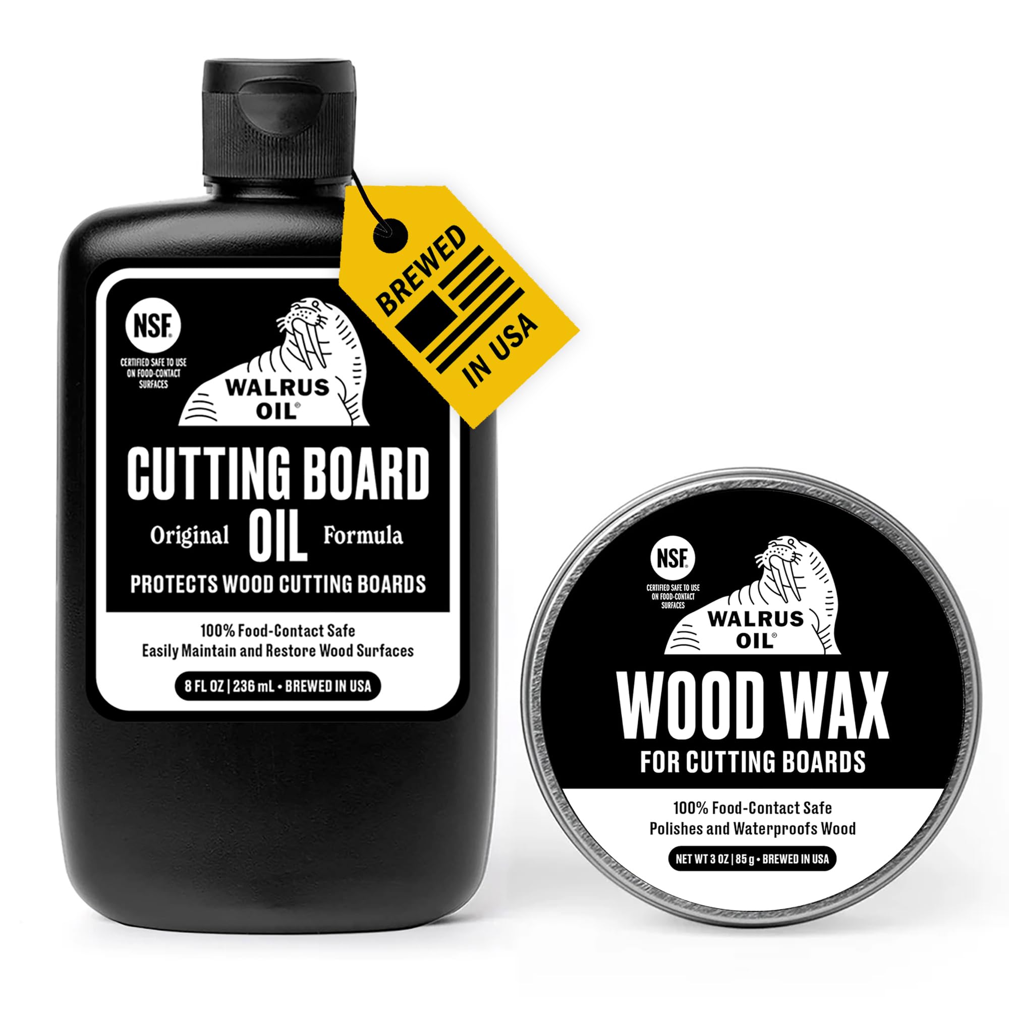 Walrus Oil bottle 8oz for cutting boards preserves wood and enhances grain.