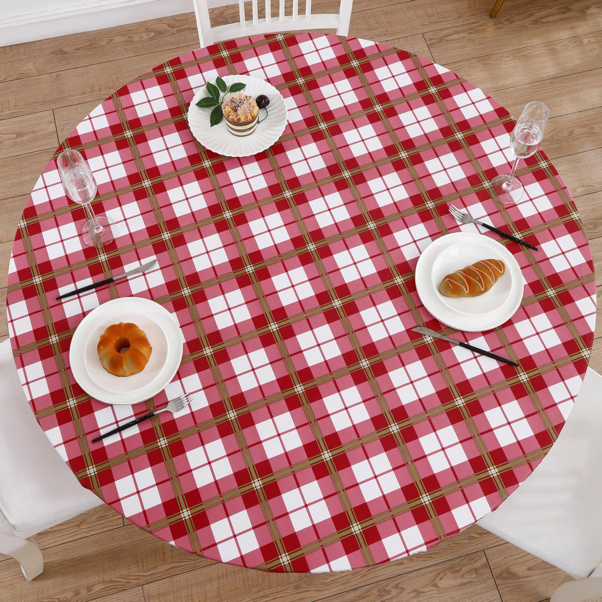 Walrus round vinyl tablecloth with flannel backing, closeup showing warm, protective top and soft underside.