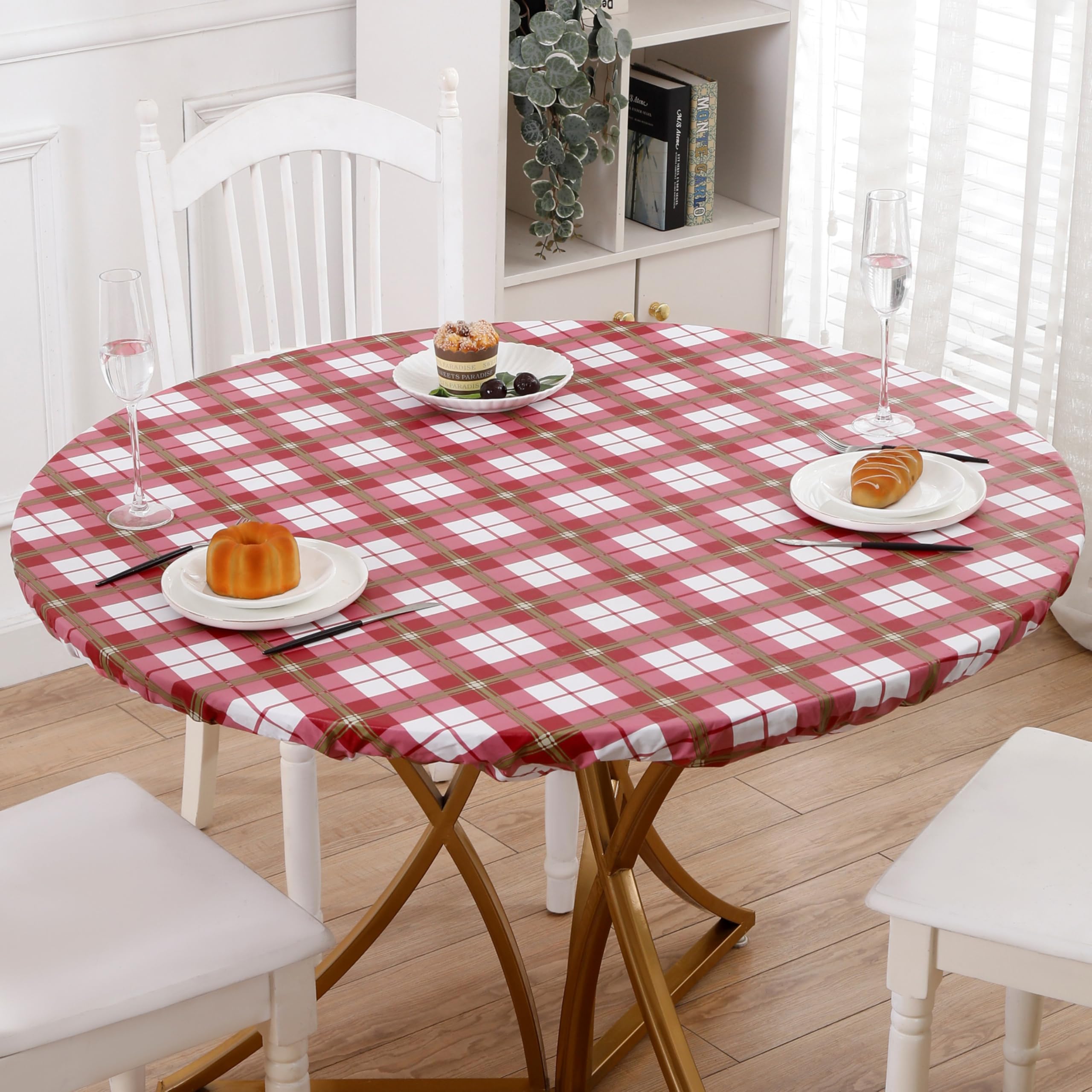 Walrus round vinyl tablecloth offers stain resistance for busy kitchens.