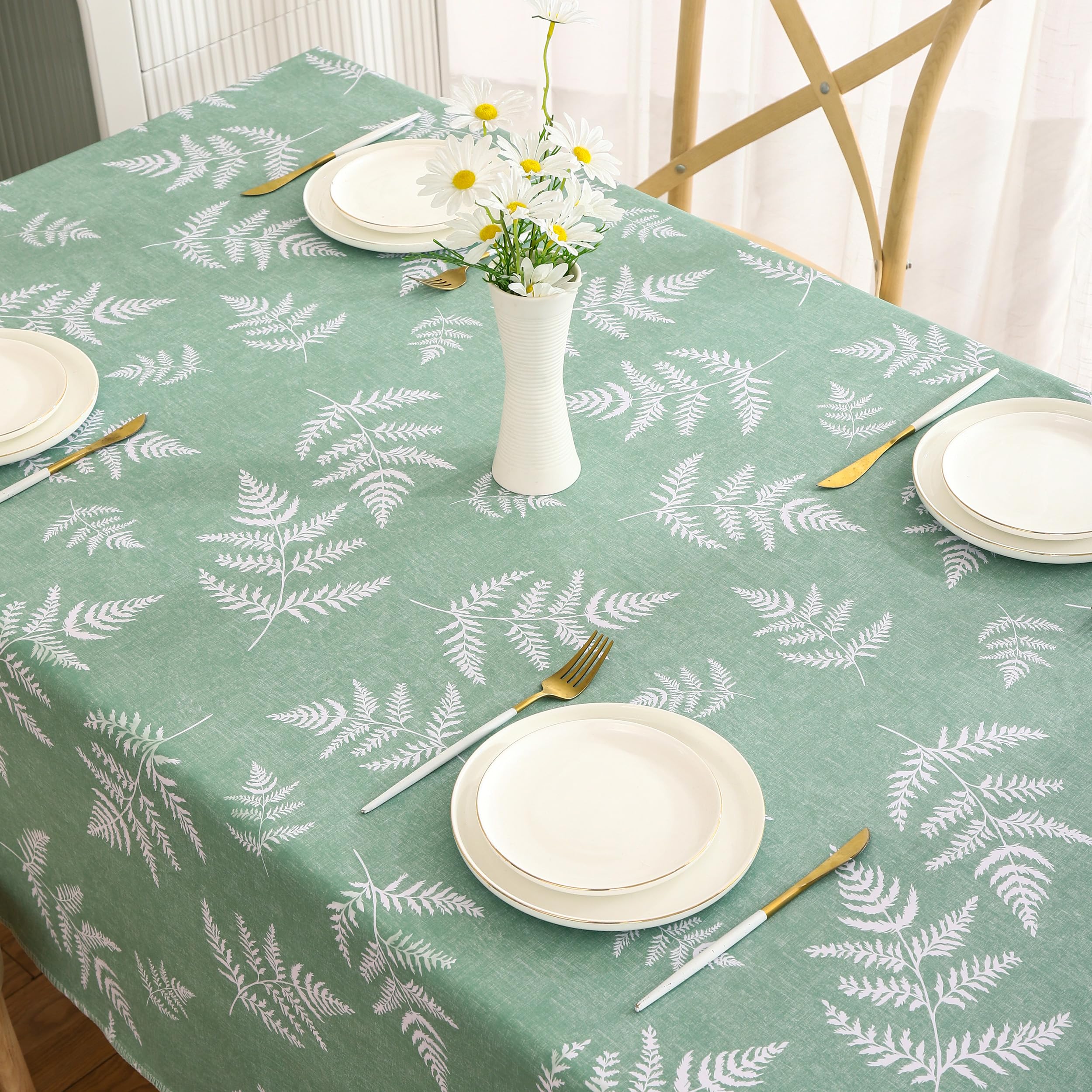 Walrus mint leaf vinyl tablecloth at an outdoor picnic.