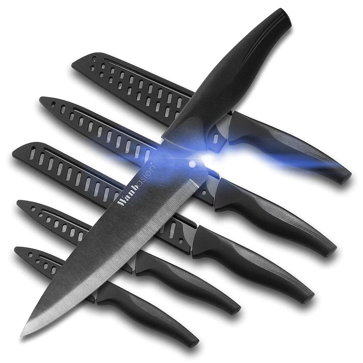 Wanbasion black stainless knife set with covers keeps blades safe and organized in the kitchen.