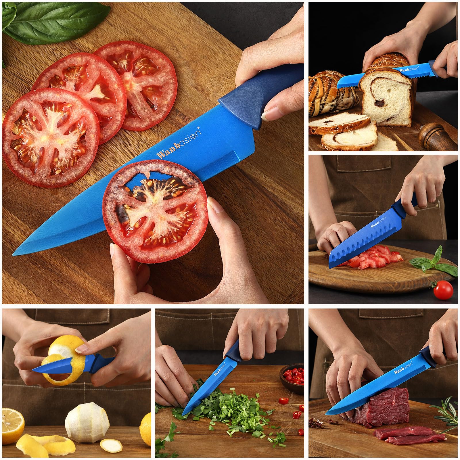 Wanbasion blue professional knife set with protective sheaths for safe storage