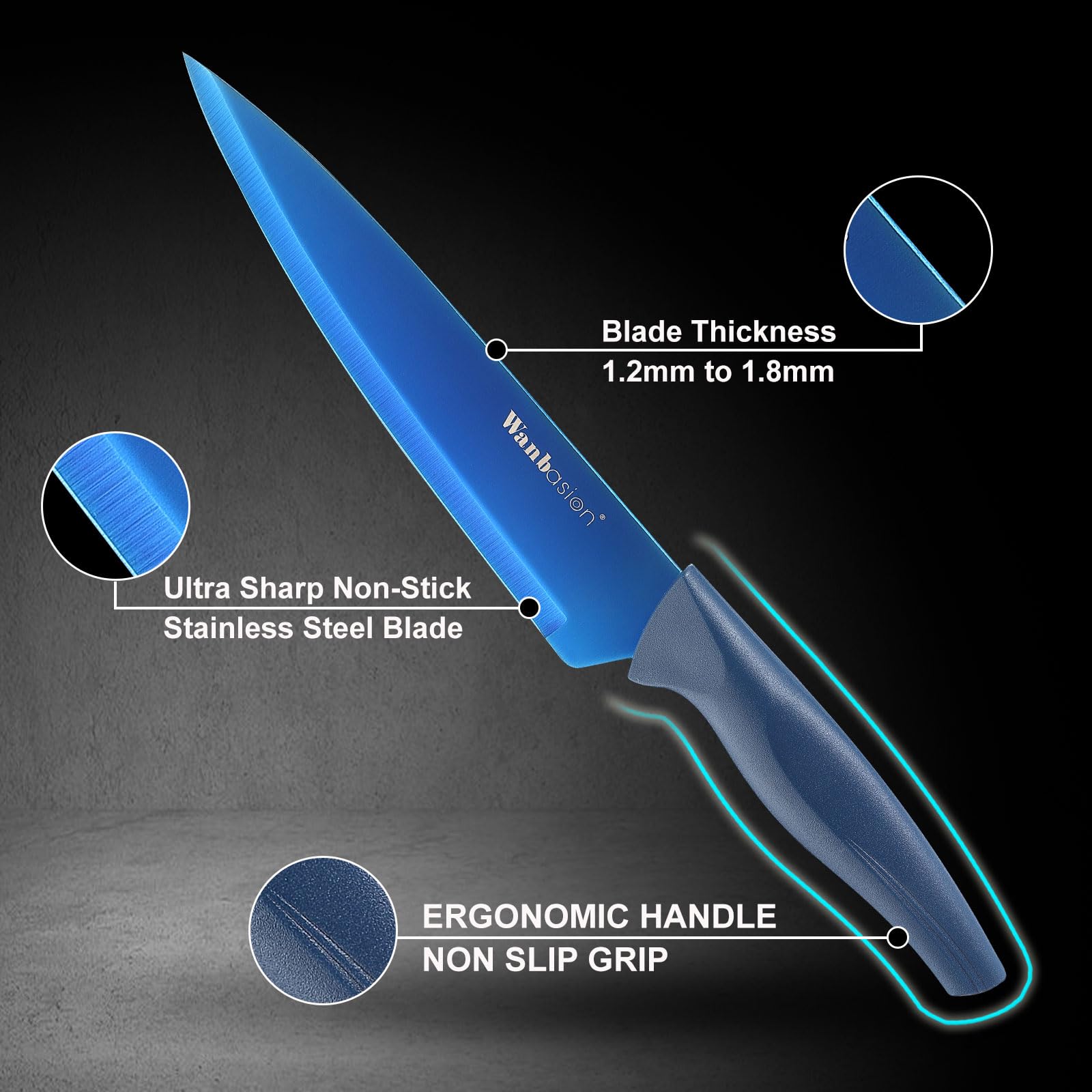 Wanbasion blue professional knife set in a modern kitchen with organized storage