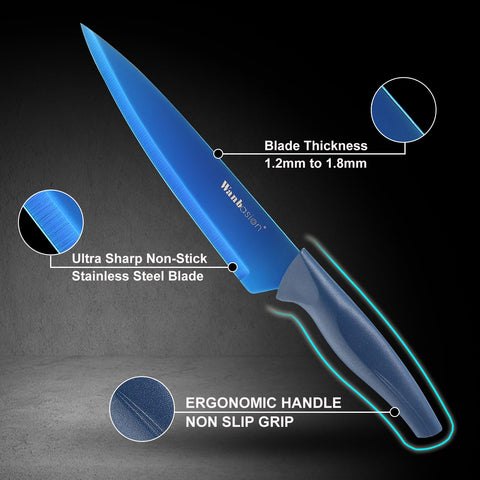 Wanbasion blue professional knife set in a modern kitchen with organized storage