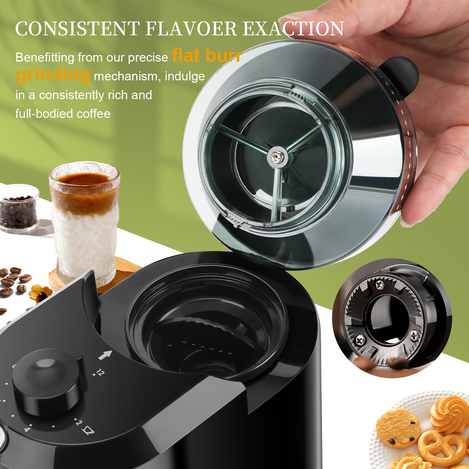 Wancle grinder 28 grind settings label emphasizing customization for aroma and flavor