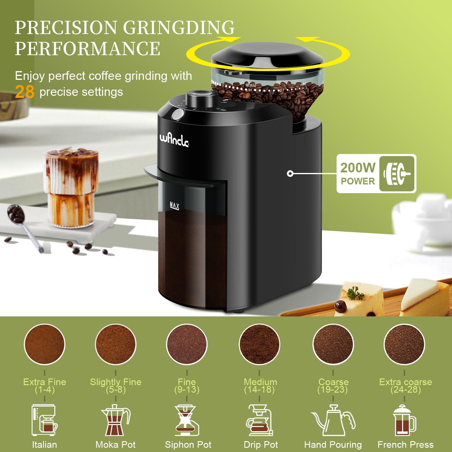 Wancle grinder coarseness dial close-up showing 28 settings for precise grinding