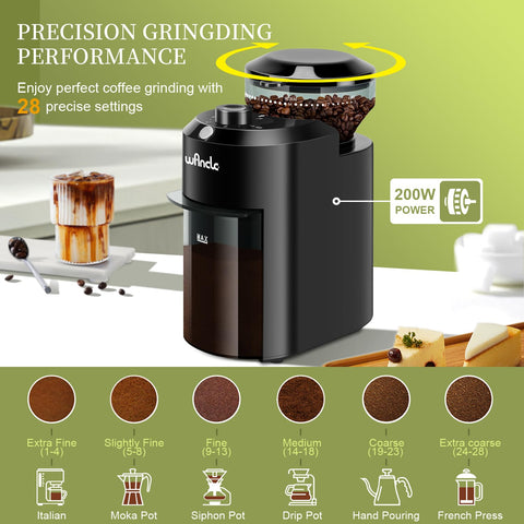 Wancle grinder coarseness dial close-up showing 28 settings for precise grinding