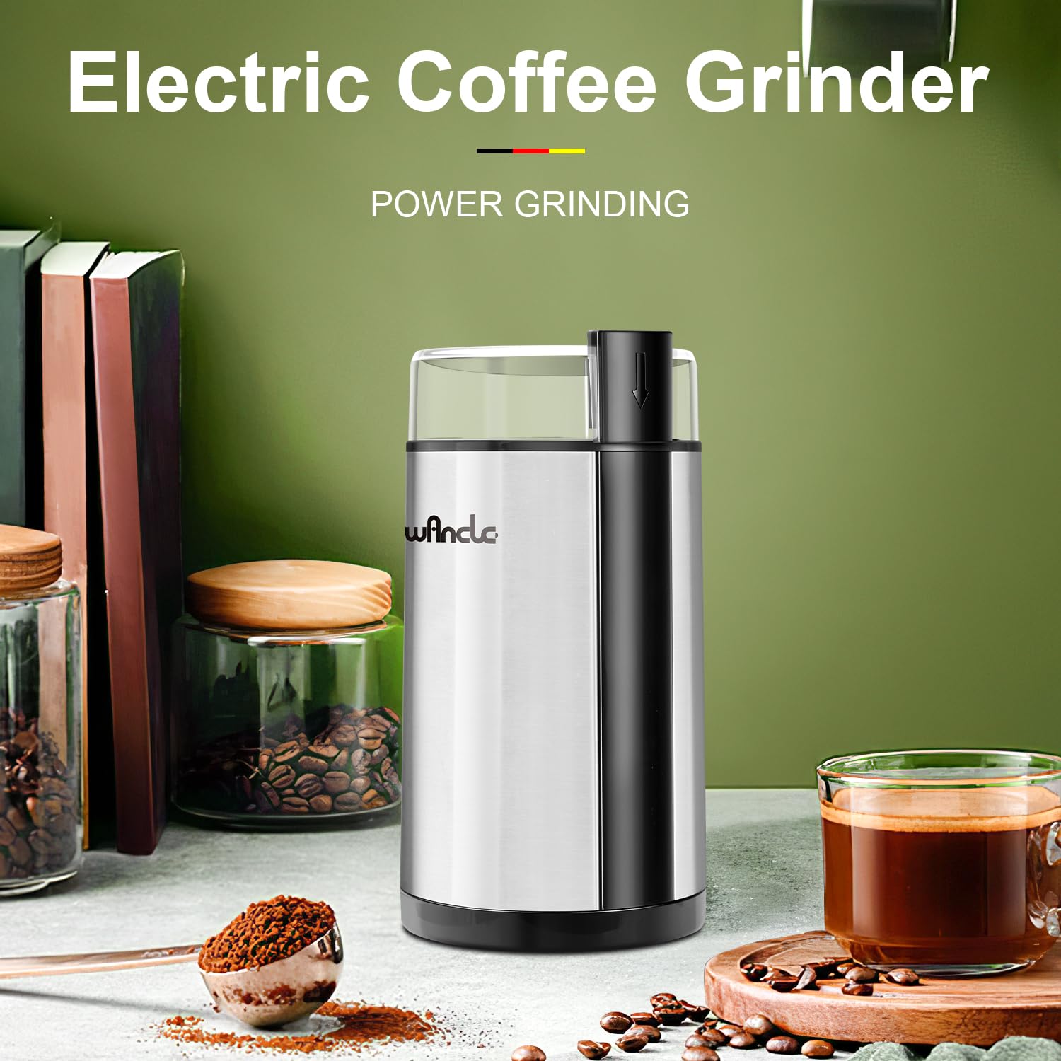 Wancle coffee grinder stainless-blade closeup, durable, precise grinding.