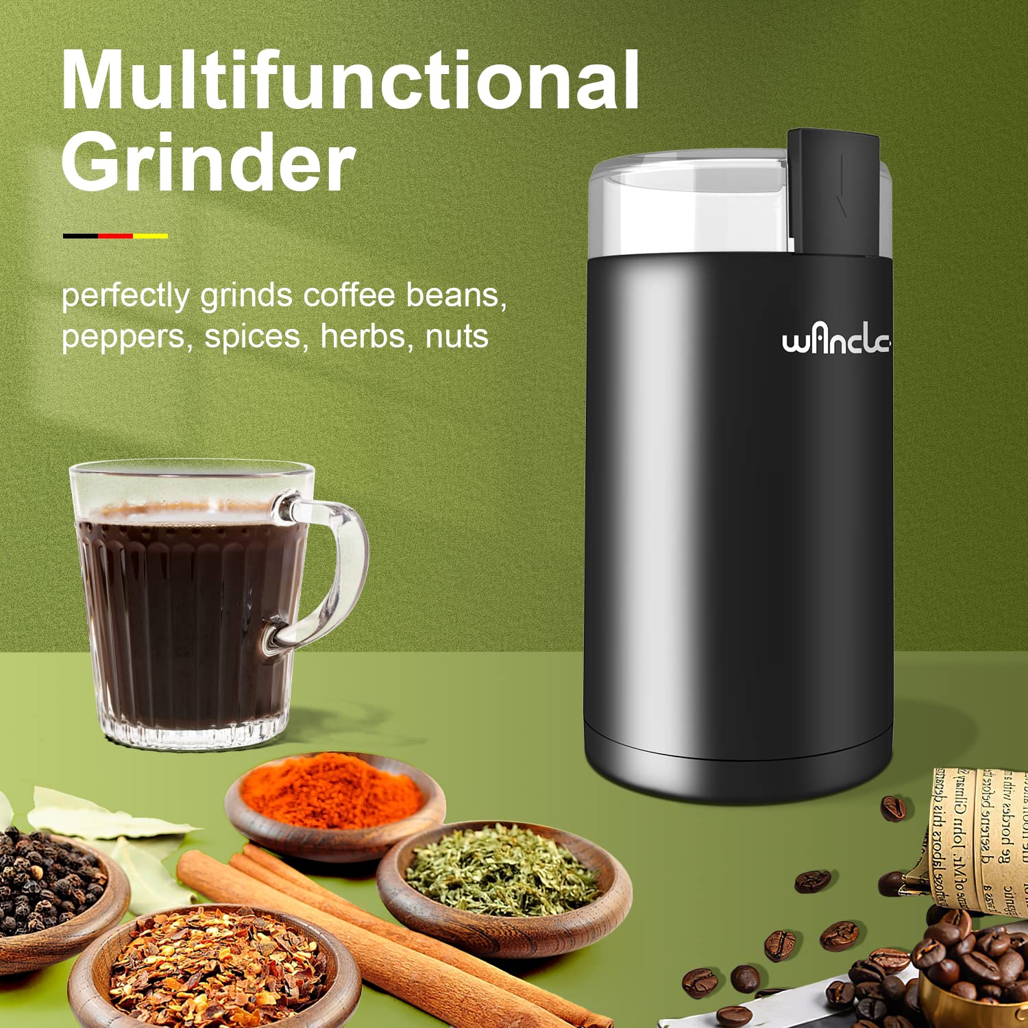 Wancle coffee grinder with transparent lid and beans for fresh grinding.