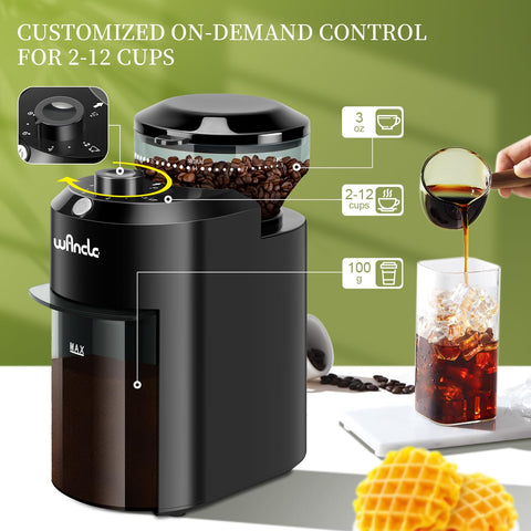 Wancle grinder on-demand cups control demonstrates grinding 2–12 cups