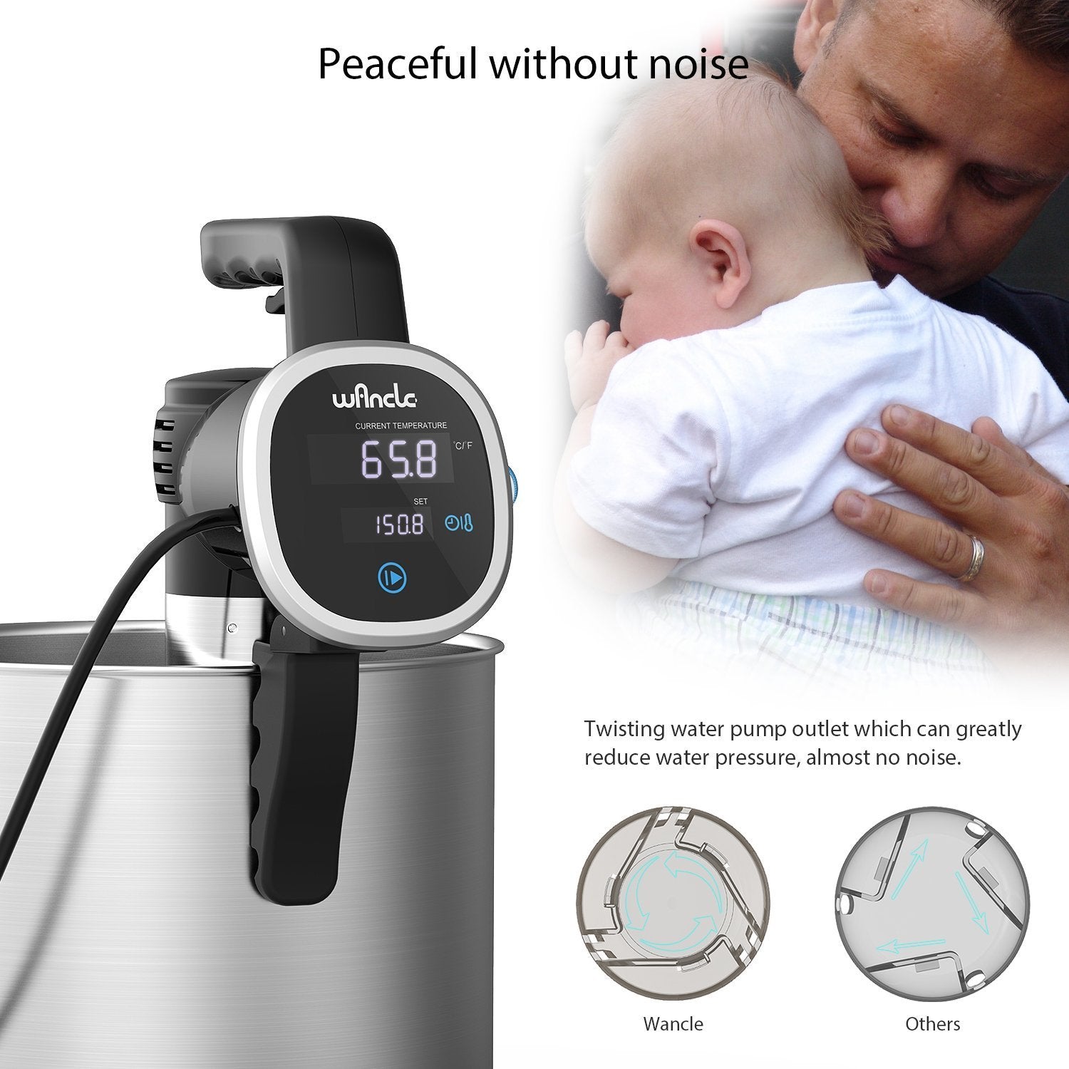 Wancle sous vide cooker locking clip enables secure handling.