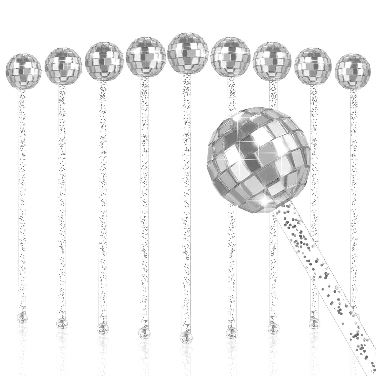 WANGDEFA disco ball drink stirrers in silver, 10-piece set for cocktails
