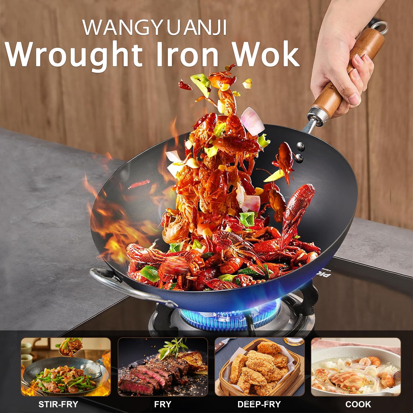 WANGYUANJI iron wok side handle shows ergonomic grip during tossing
