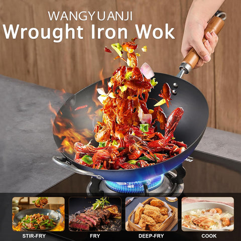 WANGYUANJI iron wok side handle shows ergonomic grip during tossing