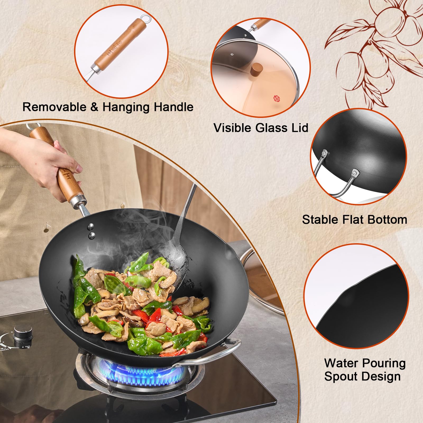 WANGYUANJI iron wok with flat bottom on stove for versatile heating