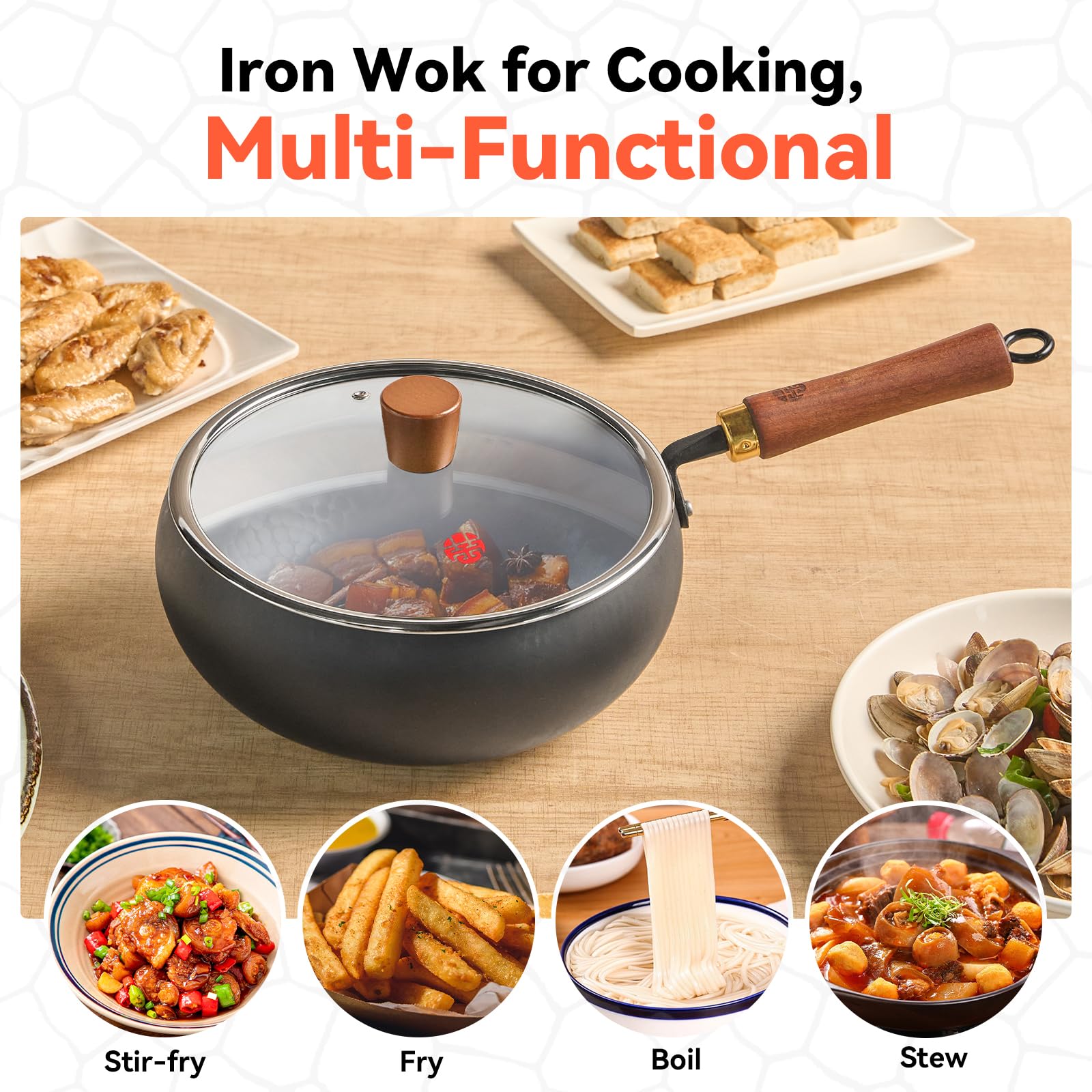 WANGYUANJI 9.5 inch deep bowl wok ideal for stir-frying and shallow braising.