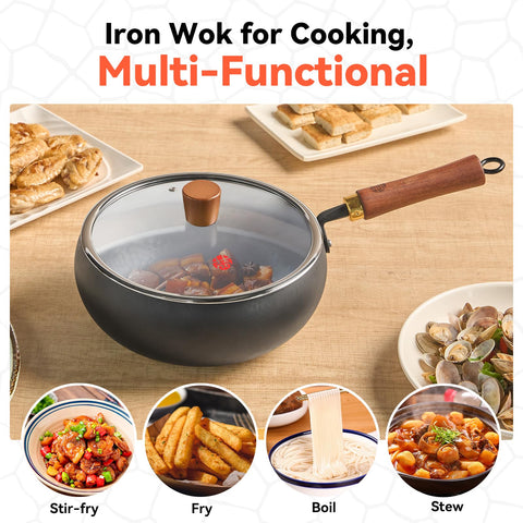 WANGYUANJI 9.5 inch deep bowl wok ideal for stir-frying and shallow braising.